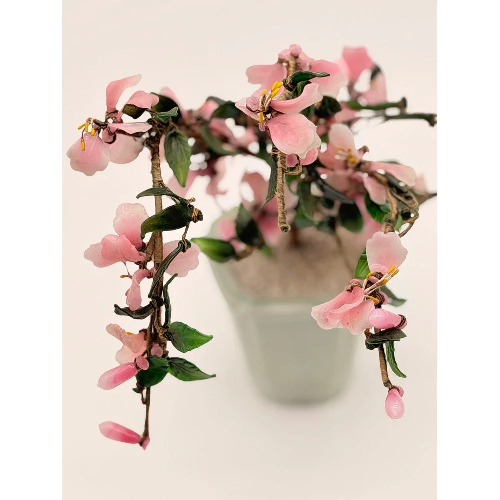Vintage Glass Cherry Blossom Bonsai Tree Celadon Ceramic Pot Pink Green Asian